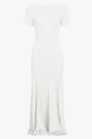 Ribbed Knit Round Neck Short Sleeve Long Dress with Lace Panels & Ruffle Hem