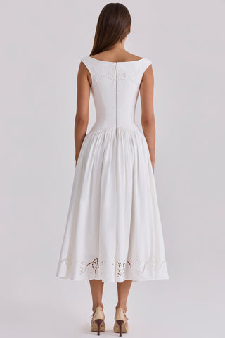 Boat Neck Midi Dress – Gathered Waist, Sleeveless Design & Cutout Details