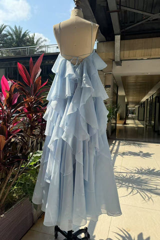 Floral Ruffle Organza Long Dress with Halter Neck