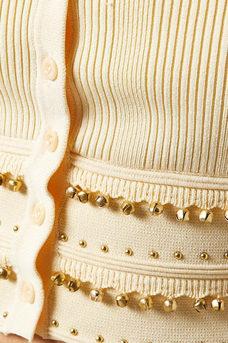 Gold Beaded Short Sleeve Cardigan & Pleated Long Skirt Set