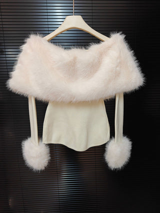 Faux Fur Off-Shoulder Top & Mini Skirt Two-Piece Set
