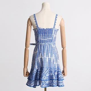 Embroidered Sleeveless Belted Mini Dress