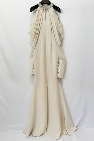 Crystal Embellished Halter Neck Draped Cold Shoulder Mermaid Long Dress