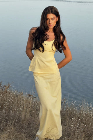 Sleeveless Linen-Blend Peplum Top & Long Skirt Co-Ord Set with Lace-Up Back