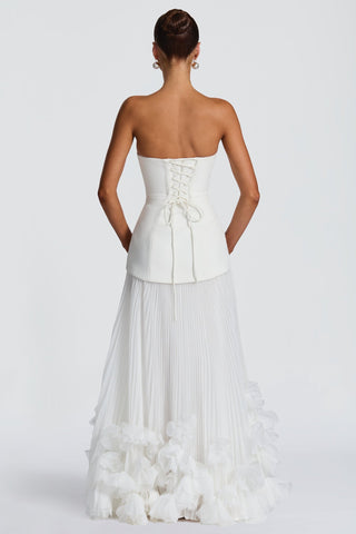 Strapless Lace-Up Corset Long Dress with Pleated Skirt and 3D Floral Trim