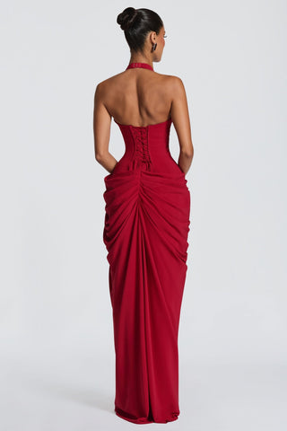 Draped Halter Corset Long Dress with High Slit