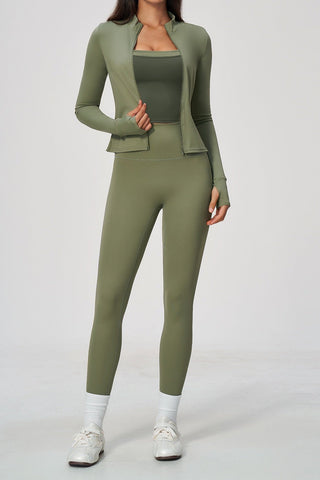 Zip-Up Active Jacket, Bandeau Top & High-Waist Leggings Set