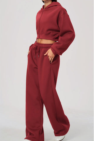 Cropped Zip-Up Hoodie & Wide-Leg Sweatpants Set