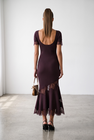 Ribbed Knit Scoop Neck Short Sleeve Long Dress with Lace Trim & Flared Hem