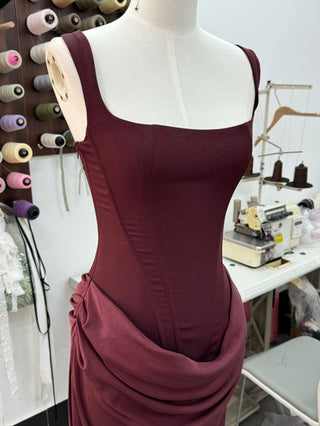 Structured Corset Back Long Dress with Draped Silhouette