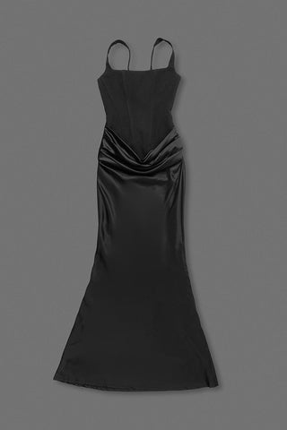 Structured Corset Draped Bodycon Long Dress with Wide Straps