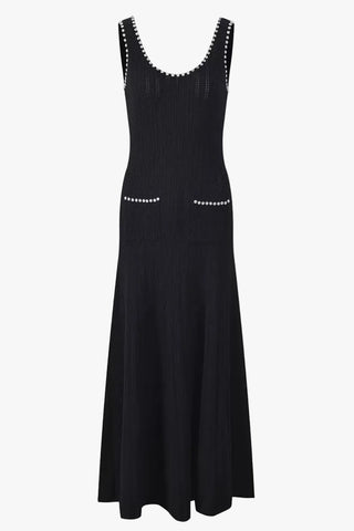 Pearl Trim Ribbed Knit Midi Dress with Sleeveless Cut and Flared Hem Design