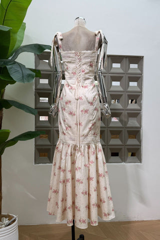 Floral Print Long Dress – Lace Trim, Tie Straps, Defined Waist & Corset Back