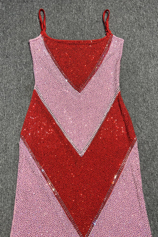 Rhinestone Embellished Colorblock Long Dress with Thin Straps