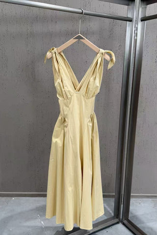 Tie-Shoulder V-Neck Open Back Flared Midi Dress