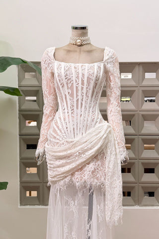 Lace Corset Long Dress – Draped Long Sleeve Gown