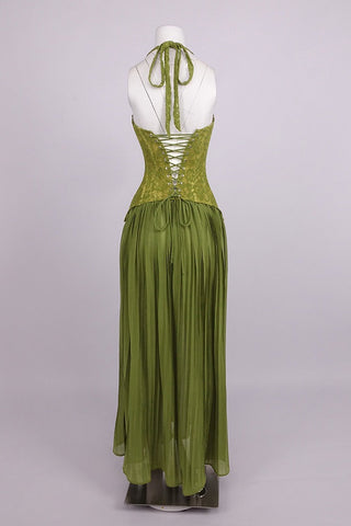 Lace Corset Halter Neck Pleated Long Dress with Lace-Up Back