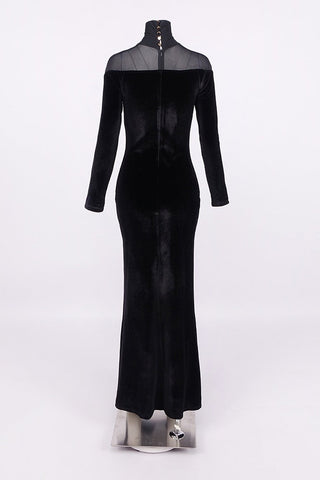 Velvet Mesh High Neck Long Dress – Long Sleeve Evening Gown