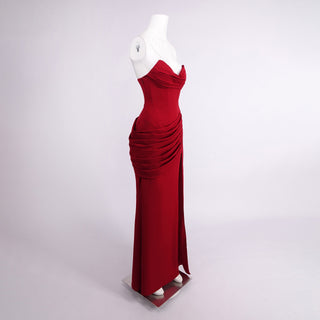 Elegant Strapless Corset Long Dress with Draped Cowl Neckline and Lace-Up Back