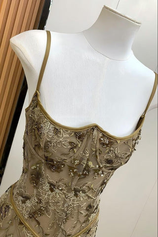 Floral Sequin Corset Long Dress – Spaghetti Strap Fitted Dress