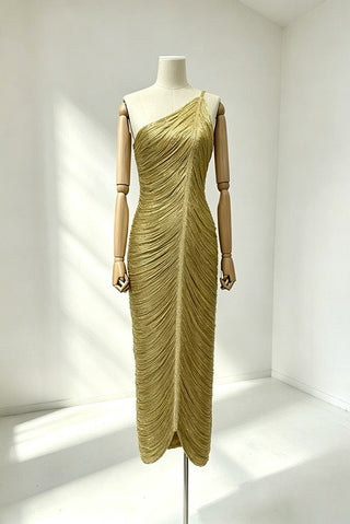 One-Shoulder Metallic Fringe Bandage Midi Dress with Back Slit