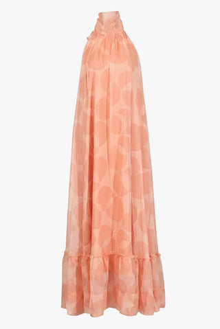 Sleeveless Halter Neck Open-Back Printed Chiffon Long Dress with Ruffle Hem