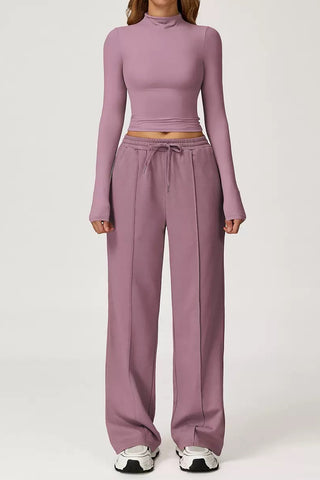 Seamless Mock-Neck Long Sleeve Crop Top & Straight-Leg Jogger Set