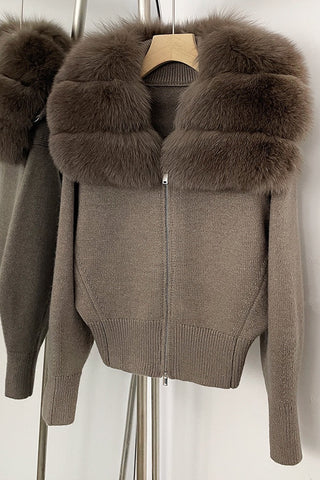 Faux Fur Collar Knitted Zip-Up Jacket