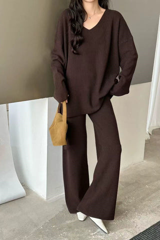 Comfy Relaxed V-Neck Knit Top & Wide-Leg Pants Set