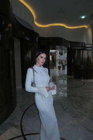 Feather Cuff Long Sleeve Bandage Long Dress