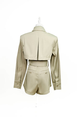Belted Trench-Style Long Sleeve Romper with Pleated Shorts