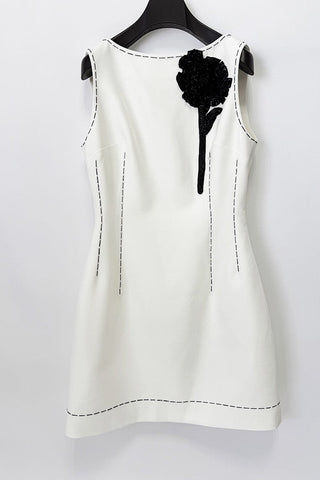 Sleeveless Mini Shift Dress with Floral Appliqué & Contrast Stitch Detail