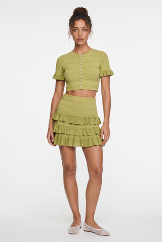Pearl Button Knit Ruffle Co-Ord Set – Short Sleeve Crop Top & Mini Skirt