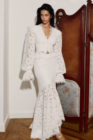Elegant Lace Set – Long Sleeve Top with Flowy Midi Skirt
