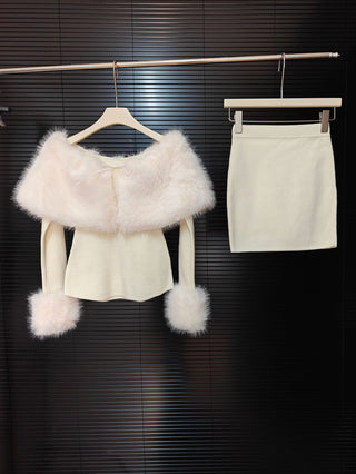 Faux Fur Off-Shoulder Top & Mini Skirt Two-Piece Set