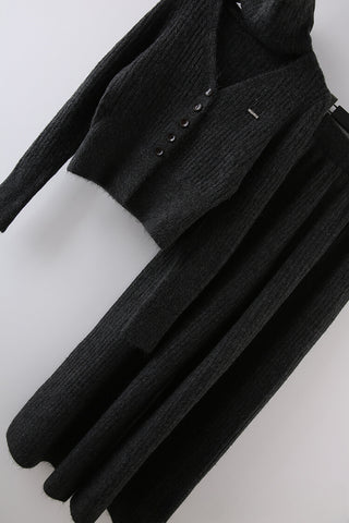 3-Piece Knitted Set - V-Neck Sweater, Cardigan, and Wide-Leg Pants