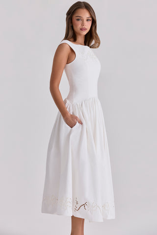 Boat Neck Midi Dress – Gathered Waist, Sleeveless Design & Cutout Details