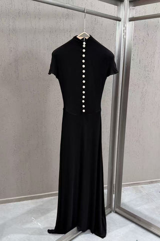 Pearl Button High Neck Short Sleeve Cutout Long Dress