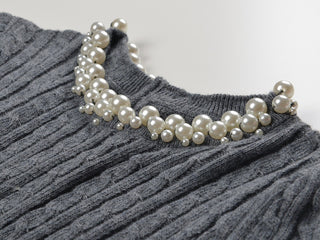 Pearl Embellished Cable Knit Short Sleeve Top.