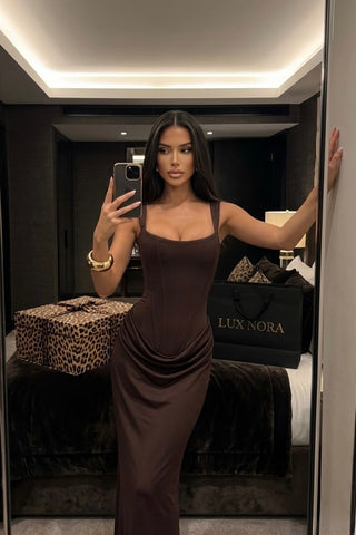 Structured Corset Draped Bodycon Long Dress with Wide Straps