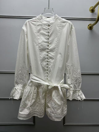 Embroidered Tie-Waist Ruffle Long Sleeve Mini Dress