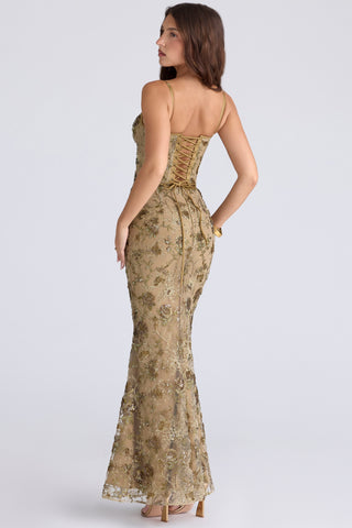 Floral Sequin Corset Long Dress – Spaghetti Strap Fitted Dress