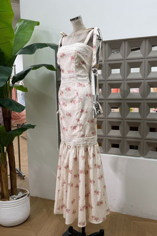 Floral Print Long Dress – Lace Trim, Tie Straps, Defined Waist & Corset Back
