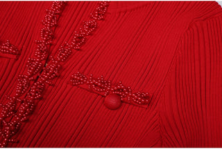 Ribbed Knit Long Dress with Pearl Trim Details & Long Sleeves