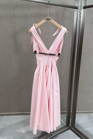 Tie-Shoulder V-Neck Open Back Flared Midi Dress