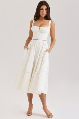 Romantic Corset Waist Midi Dress with Adjustable Lace-Up Back and Wide Straps