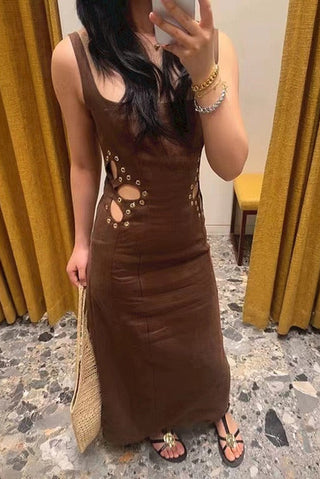 Statement Cut-Out Linen Blend Long Dress with Metal Eyelet Details