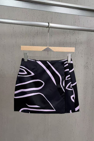 Abstract Swirl Print Satin Halter Top & High-Waisted Mini Skirt Set