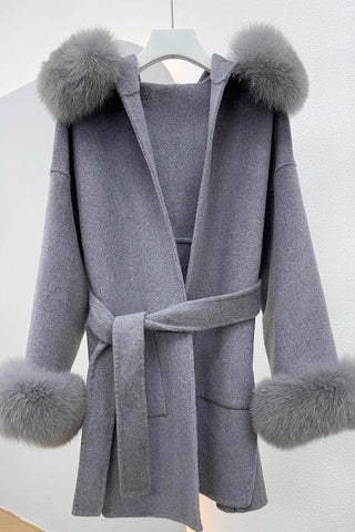 Long Wool Coat with Faux Fur Hood and Cuff Trim – Belted Design