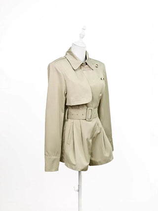 Belted Trench-Style Long Sleeve Romper with Pleated Shorts